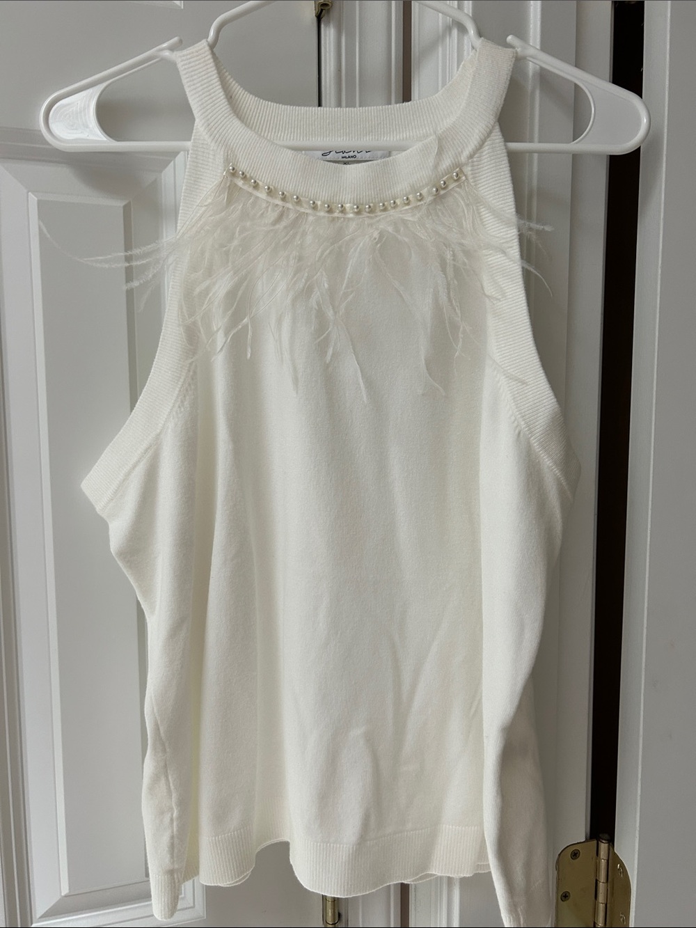 Cream Feather-Trim Pearl Halter Sweater Tank